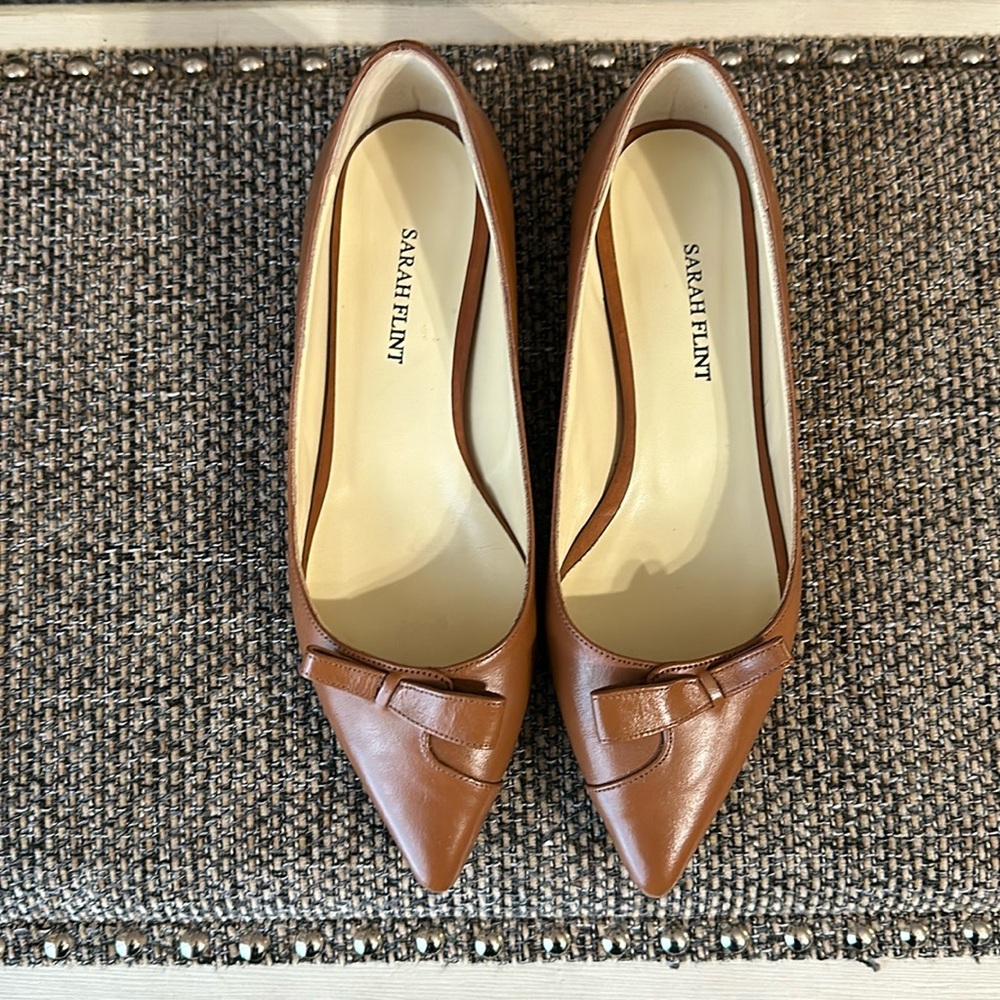Sarah Flint Cognac Natalie Bow Pointed Toe Flats